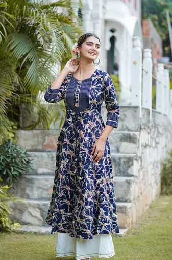 Women'S Rayon Abstract Printed Anarkali Kurta (Blue)