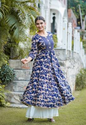 Women'S Rayon Abstract Printed Anarkali Kurta (Blue) 5