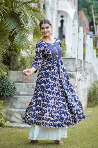 Women'S Rayon Abstract Printed Anarkali Kurta (Blue)