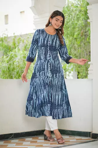 Women'S Tie & Dye Printed Anarkali Kurti (Blue)