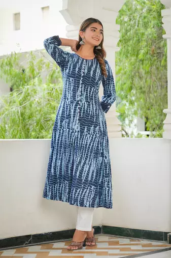 Women'S Tie & Dye Printed Anarkali Kurti (Blue)