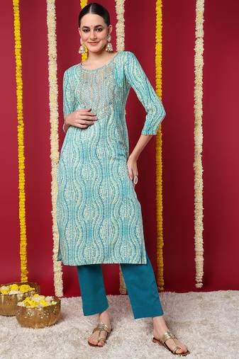 Women blue printed rayon ethnic kurti