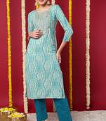 Women blue printed rayon ethnic kurti