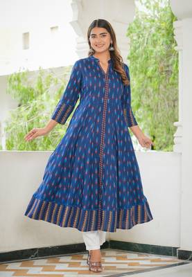 Women'S Rayon Ikat Printed Anarkali Kurta (Blue) 1
