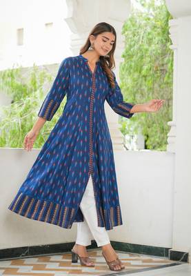Women'S Rayon Ikat Printed Anarkali Kurta (Blue) 2