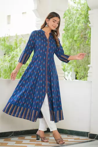 Women'S Rayon Ikat Printed Anarkali Kurta (Blue)
