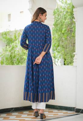 Women'S Rayon Ikat Printed Anarkali Kurta (Blue) 3