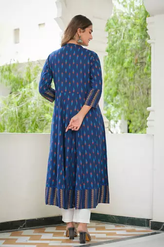 Women'S Rayon Ikat Printed Anarkali Kurta (Blue)