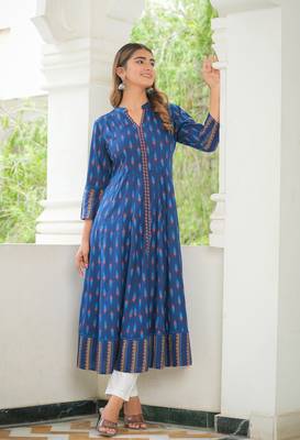 Women'S Rayon Ikat Printed Anarkali Kurta (Blue) 4