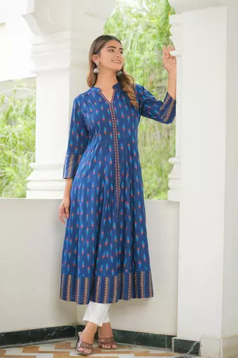 Women'S Rayon Ikat Printed Anarkali Kurta (Blue)