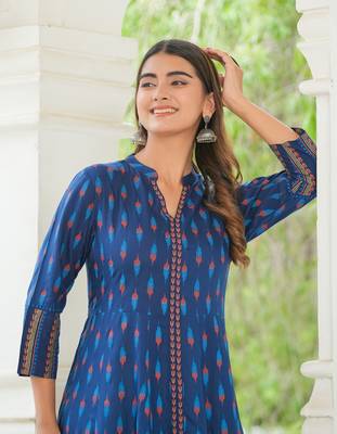 Women'S Rayon Ikat Printed Anarkali Kurta (Blue) 5