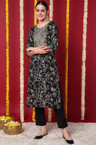 Women navy-blue printed silk ethnic kurti