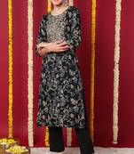 Women navy-blue printed silk ethnic kurti