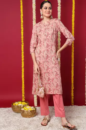 Women peach printed rayon ethnic kurti