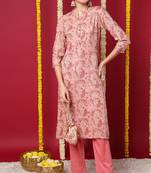 Women peach printed rayon ethnic kurti