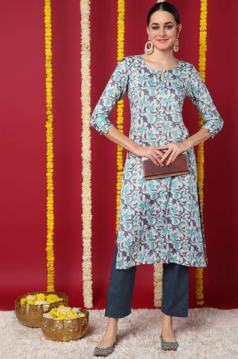 Women beige printed silk ethnic kurti