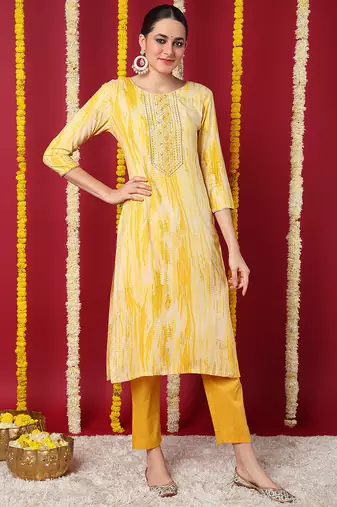 Women yellow printed rayon ethnic kurti