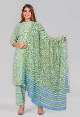 Women'S Embroidered Floral Printed Straight Kurti With Pant And Dupatta(Green) 1