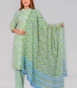 Women'S Embroidered Floral Printed Straight Kurti With Pant And Dupatta(Green)