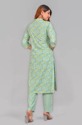 Women'S Embroidered Floral Printed Straight Kurti With Pant And Dupatta(Green) 2