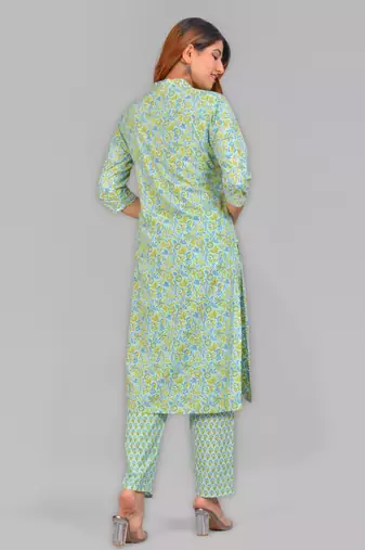 Women'S Embroidered Floral Printed Straight Kurti With Pant And Dupatta(Green)
