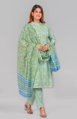 Women'S Embroidered Floral Printed Straight Kurti With Pant And Dupatta(Green) 3