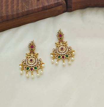 Gorgeous gold toned kempu cz chandbali earrings for women ruby emerald pearls 2