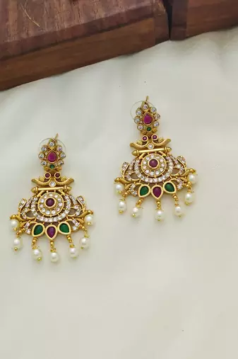 Gorgeous gold toned kempu cz chandbali earrings for women ruby emerald pearls