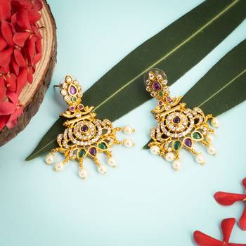 Gorgeous gold toned kempu cz chandbali earrings for women ruby emerald pearls 3