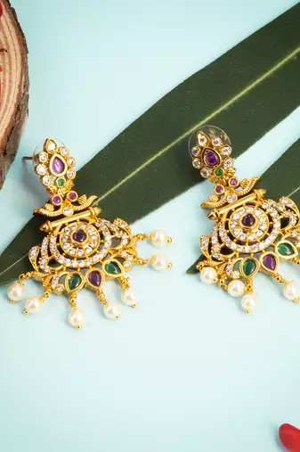 Gorgeous gold toned kempu cz chandbali earrings for women ruby emerald pearls
