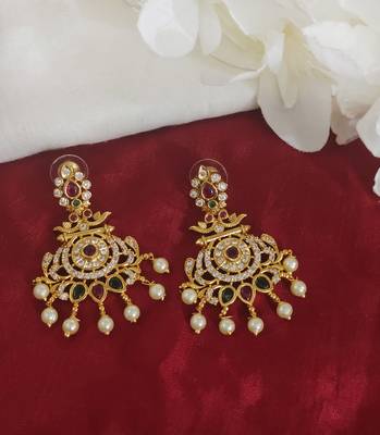 Gorgeous gold toned kempu cz chandbali earrings for women ruby emerald pearls 4