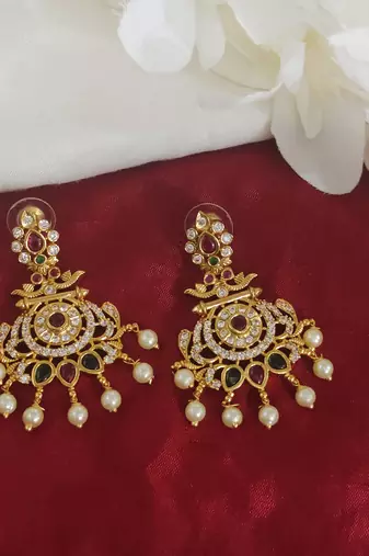 Gorgeous gold toned kempu cz chandbali earrings for women ruby emerald pearls