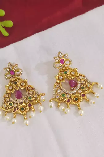 Shinning  ad ruby emerald embedded chandbali with pearls