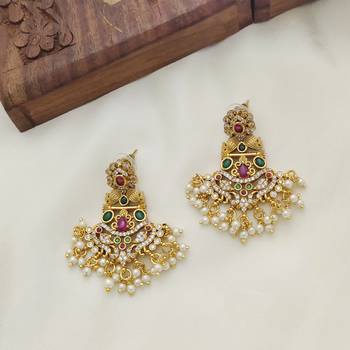 Matt gold toned kempu cz peacock chandbali earrings for women ruby emerald pearls 1