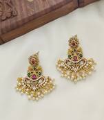 Matt gold toned kempu cz peacock chandbali earrings for women ruby emerald pearls