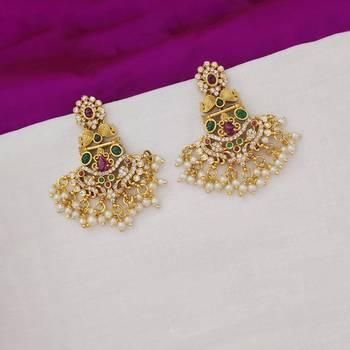 Matt gold toned kempu cz peacock chandbali earrings for women ruby emerald pearls 2