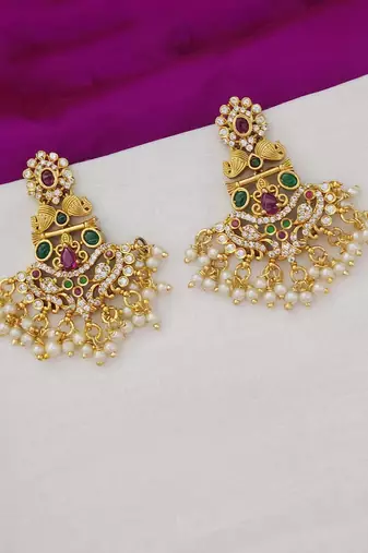 Matt gold toned kempu cz peacock chandbali earrings for women ruby emerald pearls