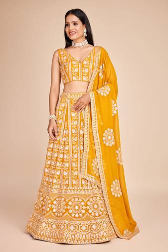 Yellow Georgette Thread & Sequins Embroidery Semi Stitched Lehenga Choli