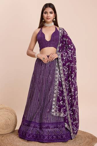 Purple Georgette Thread & Sequins Embroidery Semi Stitched Lehenga Choli