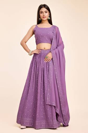 Lavender Georgette Thread & Sequins Embroidery Semi Stitched Lehenga Choli