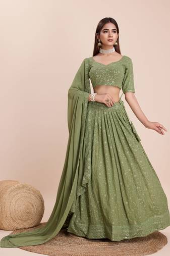 Olive Georgette Thread & Sequins Embroidery Semi Stitched Lehenga Choli