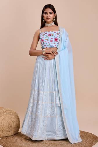 Sky Blue Georgette Thread & Sequins Embroidery Semi Stitched Lehenga Choli