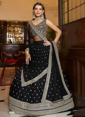 Black Georgette Thread & Sequins Embroidery Semi Stitched Lehenga Choli 1