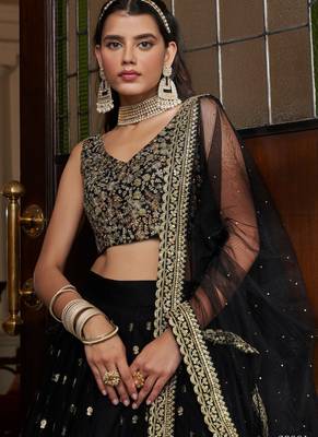 Black Georgette Thread & Sequins Embroidery Semi Stitched Lehenga Choli 3