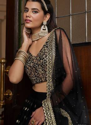 Black Georgette Thread & Sequins Embroidery Semi Stitched Lehenga Choli 4