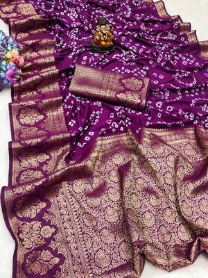Koram Purple  Bandhej Kanjivaram Silk Bandhej With Kanjivaram Border With Zari Weaving Saree With Blouse For Women 1