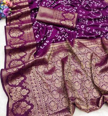 Koram Purple  Bandhej Kanjivaram Silk Bandhej With Kanjivaram Border With Zari Weaving Saree With Blouse For Women 2