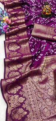 Koram Purple  Bandhej Kanjivaram Silk Bandhej With Kanjivaram Border With Zari Weaving Saree With Blouse For Women 3