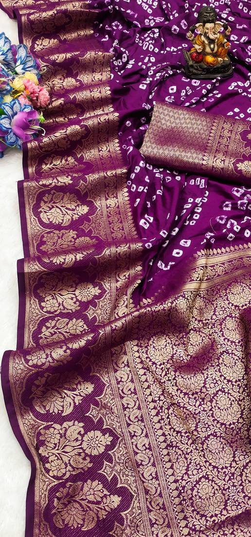 Koram Purple  Bandhej Kanjivaram Silk Bandhej With Kanjivaram Border With Zari Weaving Saree With Blouse For Women