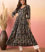 Black ikkat print foil long anarkali kurta